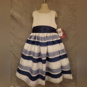 Elegant Princess Faith White and Blue Striped Kids Dress Size 7